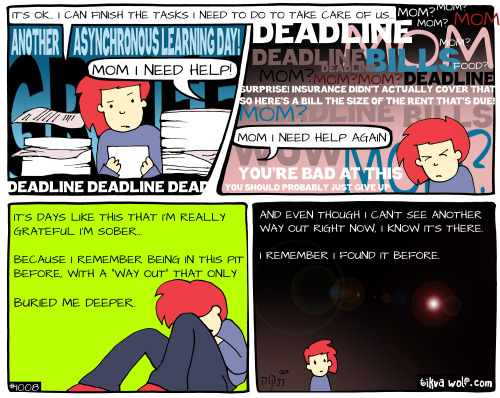 forgetting and remembering
patreon.com/kimchicuddles
TikvaWolf.com
Kim: “It’s ok… I can finish the tasks I need to do to take care of us…”
Bubbles: “Another asynchronous learning day!”, “mom I need help!”, “DEADLINE”, “Surprise! Insurance didn’t...
