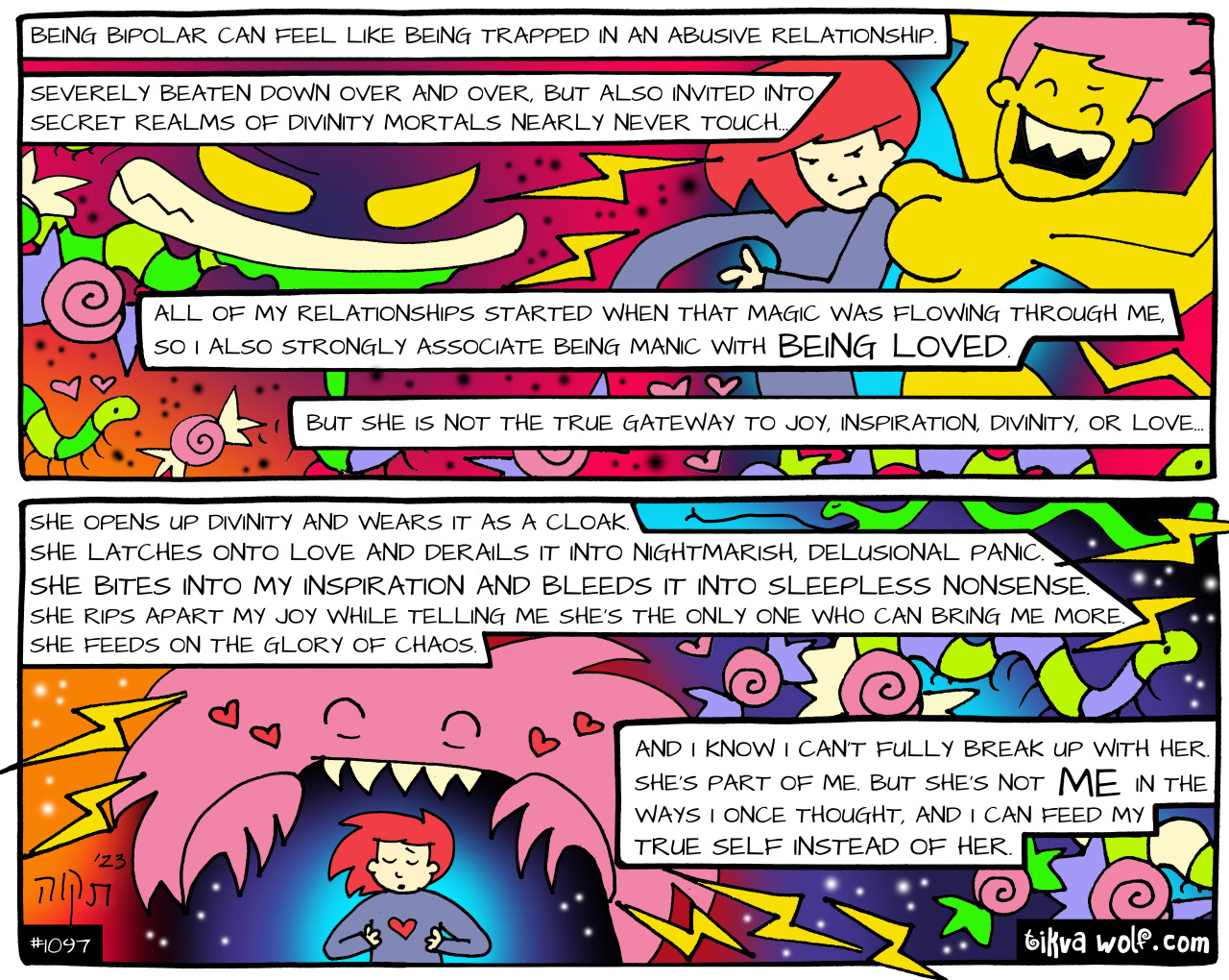 Breaking up with Mania (she’ll be back)…
Thank you so much for supporting my work!
PATREON patreon.com/kimchicuddles
COMMISSIONS TikvaWolf.com/services
BOOKS TikvaWolf.com/books
DONATE venmo.com/tikvawolf
text reads:
Being bipolar can feel like being...
