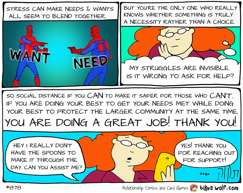 Wants and Needs
TikvaWolf.com
[Image Description: Panel 1: (Text reads: “Stress can make needs and wants all seem to blend together.” Image of Spiderman pointing at himself meme, with one Spiderman saying “WANT!” and the other saying “NEED!”). Panel...