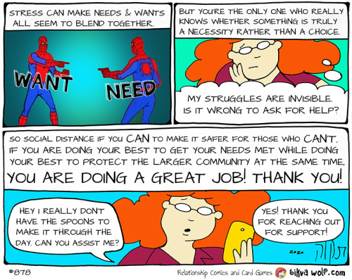 Wants and Needs
TikvaWolf.com
[Image Description: Panel 1: (Text reads: “Stress can make needs and wants all seem to blend together.” Image of Spiderman pointing at himself meme, with one Spiderman saying “WANT!” and the other saying “NEED!”). Panel...