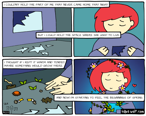 For everyone who has a piece of themselves who hasn’t come back home, I wish you new growth this Spring. patreon.com/kimchicuddles
“I couldn’t hold the part of me that never came home that night. But I could hold the space where she used to live. I...