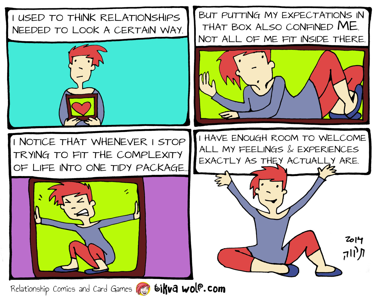 Redrew one of my favorites
TikvaWolf.com
Text reads: “I used to think relationships needed to look a certain way. But putting my expectations in that box also confined ME. Not all of me fit in there! I notice that whenever I stop trying to fit the...
