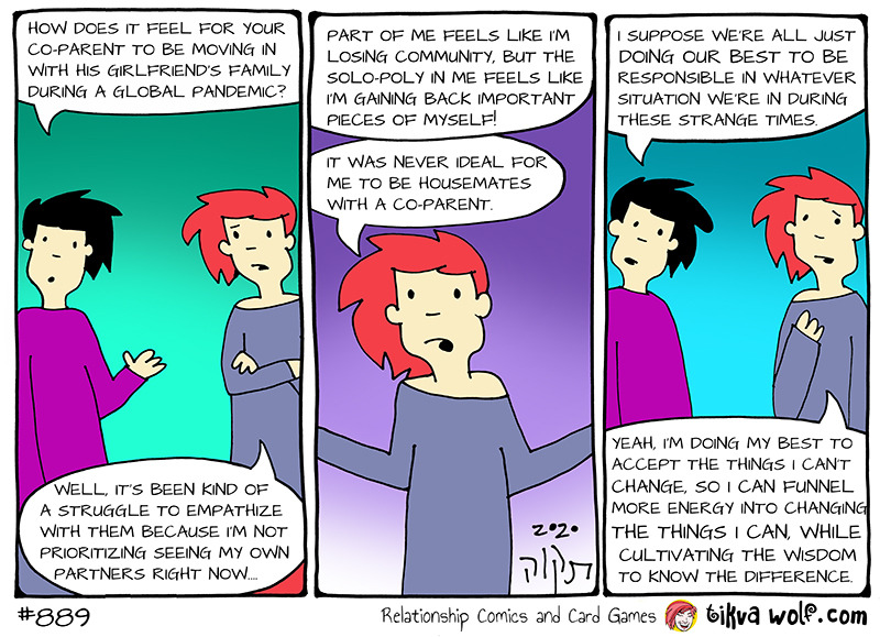 Being responsible in the ways I know how.
TikvaWolf.com
[Image Description:
Panel 1: (Marco asking Kim: “How does it feel for your co-parent to be moving in with his girlfriend’s family during a global pandemic?”, Kim responding: “Well, it’s been...