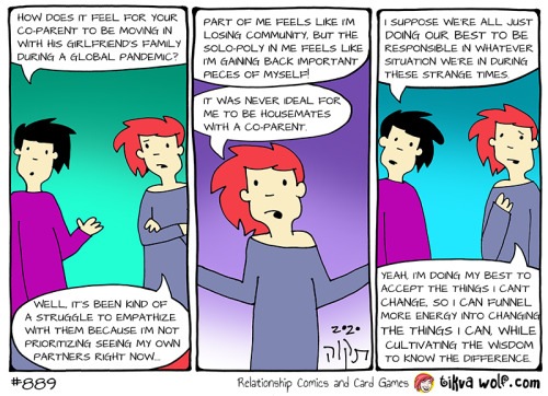 Being responsible in the ways I know how.
TikvaWolf.com
[Image Description:
Panel 1: (Marco asking Kim: “How does it feel for your co-parent to be moving in with his girlfriend’s family during a global pandemic?”, Kim responding: “Well, it’s been...