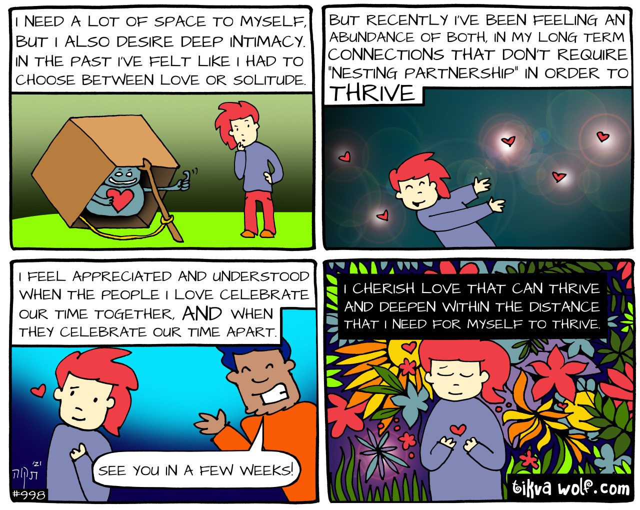 On Love and Solitude.
patreon.com/kimchicuddles Thank you for supporting my work!
TikvaWolf.com if you’re looking for commissions before the holidays!
text reads:
I need a lot of space to myself, but I also desire deep intimacy. In the past I’ve felt...