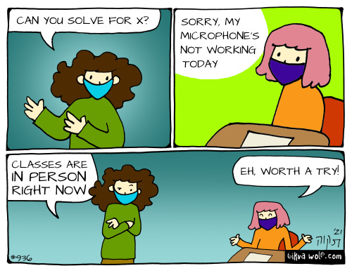 TikvaWolf.com
Thanks for supporting my work on Patreon!
patreon.com/kimchicuddles
text reads:
Teacher: “Can you solve for x?”
Pumpkin: “Sorry my microphone’s not working today”
Teacher: “Classes are IN PERSON right now”
Pumpkin: “Eh, worth a try!”
