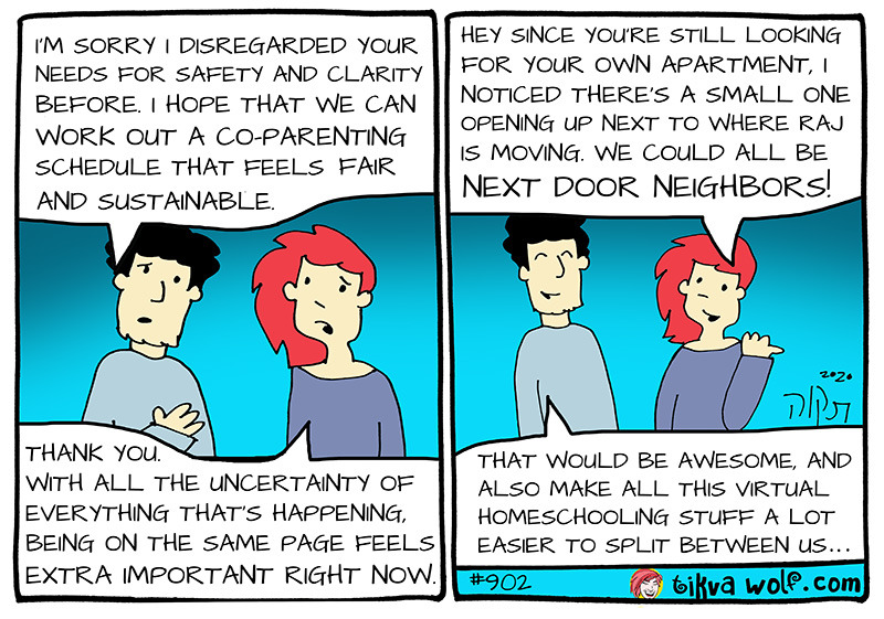 TikvaWolf.com
[Image Description: Panel 1: (Vajra talking to Kim: “I’m sorry I disregarded your needs for safety and clarity before. I hope that we can work out a co-parenting schedule that feels good for all of us.” Kim responds: “Thank you. With...