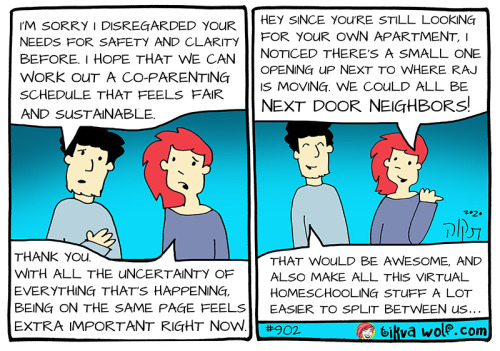 TikvaWolf.com
[Image Description: Panel 1: (Vajra talking to Kim: “I’m sorry I disregarded your needs for safety and clarity before. I hope that we can work out a co-parenting schedule that feels good for all of us.” Kim responds: “Thank you. With...